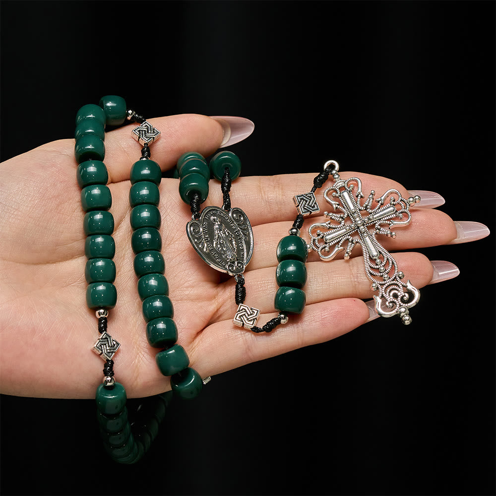 Christianartworkshop Vintage Celtic Knot Olive Green Rosary with Vintage Silver Crucifix - image 1