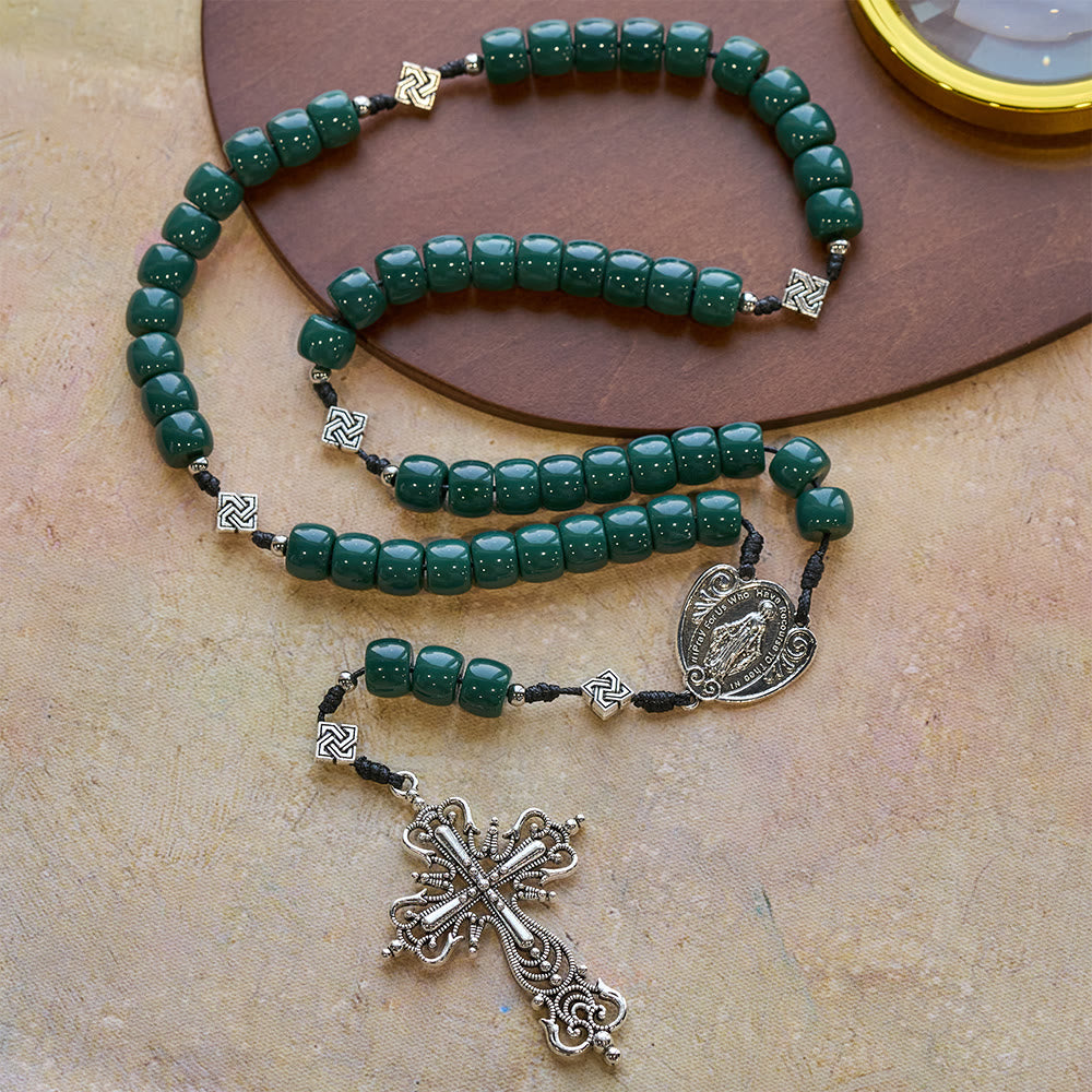 Christianartworkshop Vintage Celtic Knot Olive Green Rosary with Vintage Silver Crucifix - Celtic Knot & Our Lady - image 0