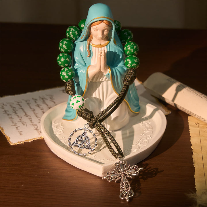 Christianartworkshop Irish Blessing Lucky Faith Pocket Rosary  with Eternal Knot Green White Wood Beads - image 11