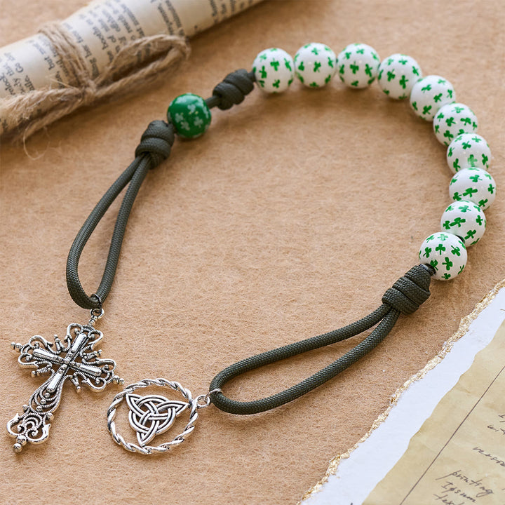 Christianartworkshop Irish Blessing Lucky Faith Pocket Rosary  with Eternal Knot Green White Wood Beads - White - image 3
