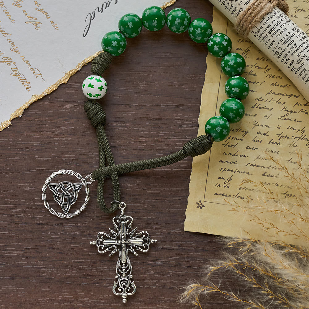 Christianartworkshop Irish Blessing Lucky Faith Pocket Rosary  with Eternal Knot Green White Wood Beads - image 10