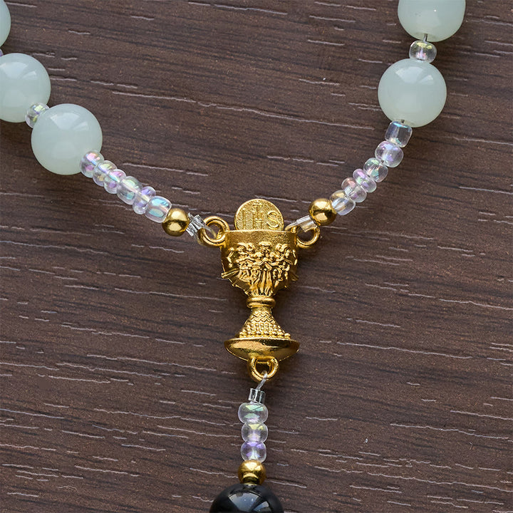 Christianartworkshop Elegant Green & Black Obsidian Rosary with Golden Holy Chalice - image 8