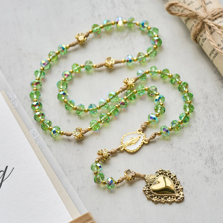 Christianartworkshop Lucky Clover & Sacred Heart Rosary with Green Iridescent Beads & Sacred Heart Medal - image 2