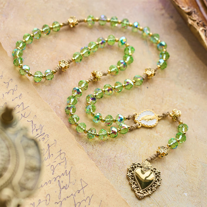 Christianartworkshop Lucky Clover & Sacred Heart Rosary with Green Iridescent Beads & Sacred Heart Medal - image 3