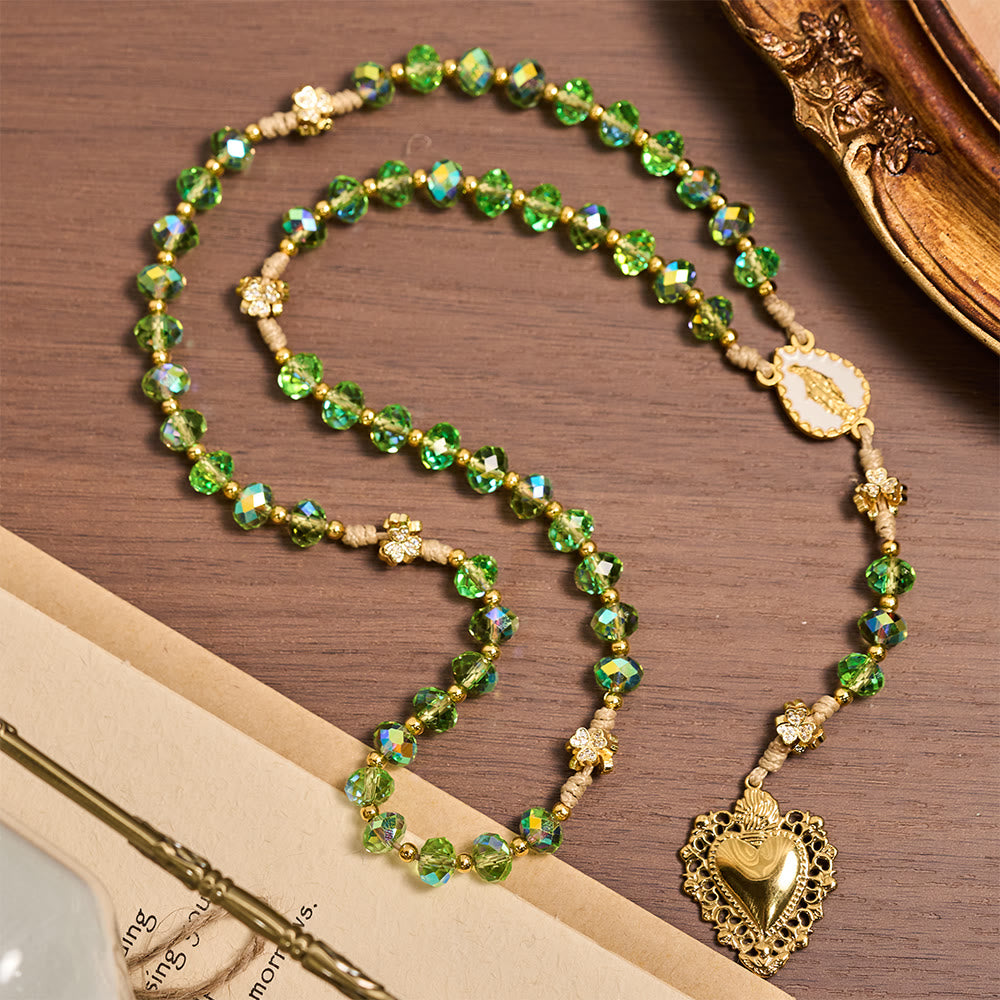 Christianartworkshop Lucky Clover & Sacred Heart Rosary with Green Iridescent Beads & Sacred Heart Medal - image 4