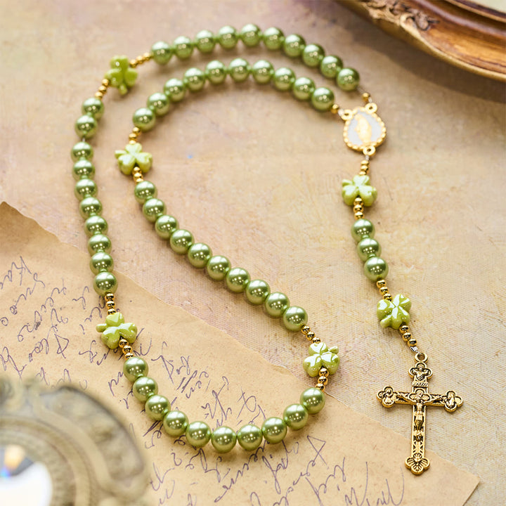 Christianartworkshop St. Patrick's Green Rosary with Lucky Ceramic Clover with Our Lady Center - image 4