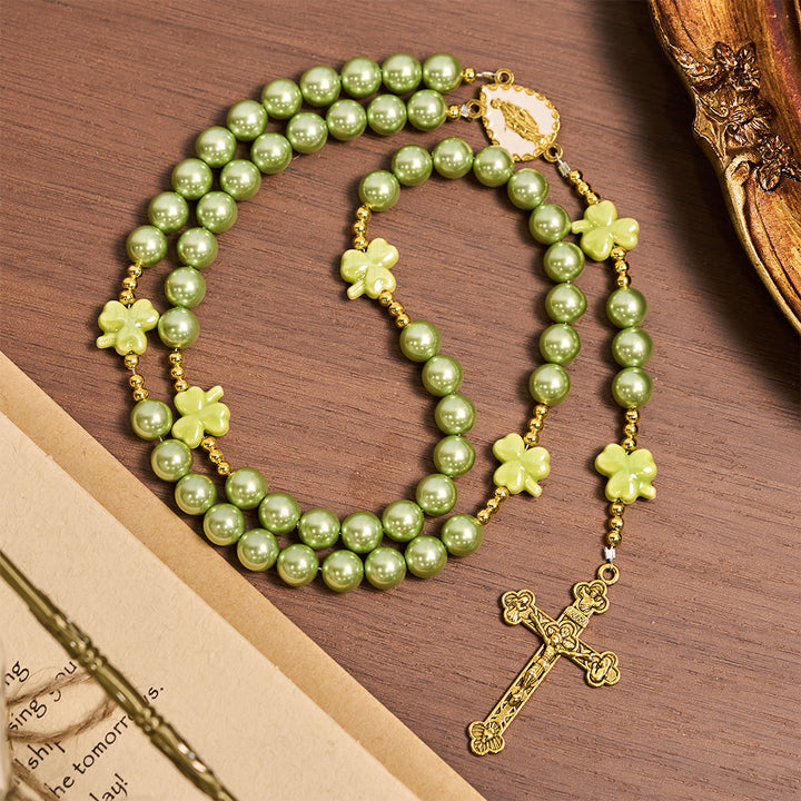 Christianartworkshop St. Patrick's Green Rosary with Lucky Ceramic Clover with Our Lady Center - Our Lady & Crucifix - image 0