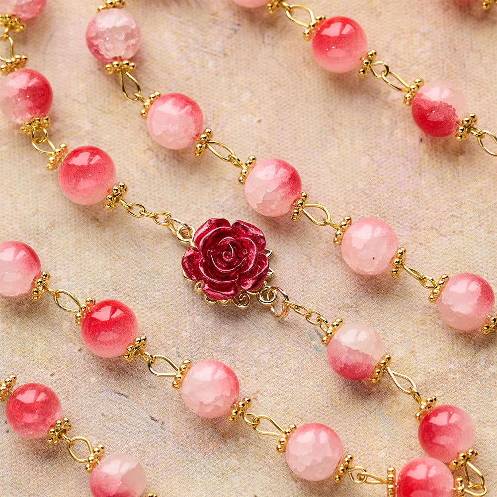 Christianartworkshop Gradient Red White Glass & Carved Rose Rosary with Golden Crucifix - image 6