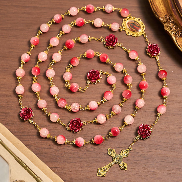 Christianartworkshop Gradient Red White Glass & Carved Rose Rosary with Golden Crucifix - Our Lady & Crucifix - image 0