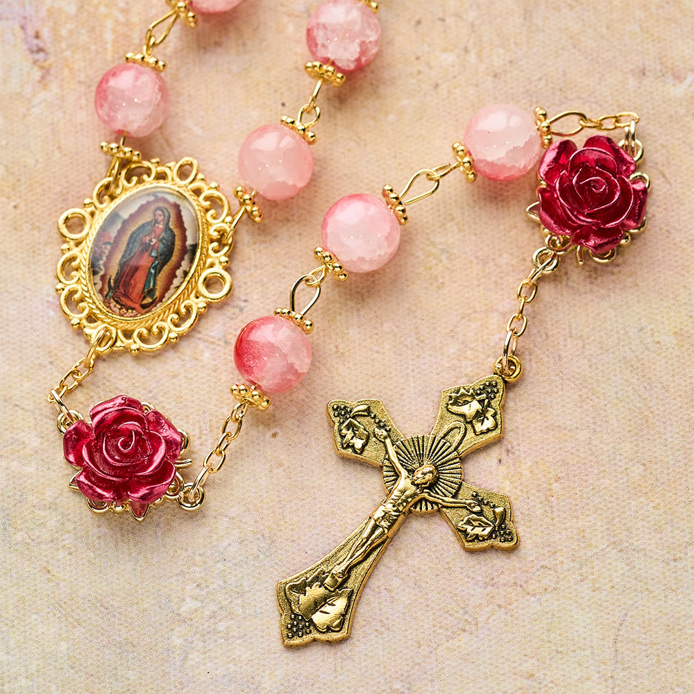 Christianartworkshop Gradient Red White Glass & Carved Rose Rosary with Golden Crucifix - image 7