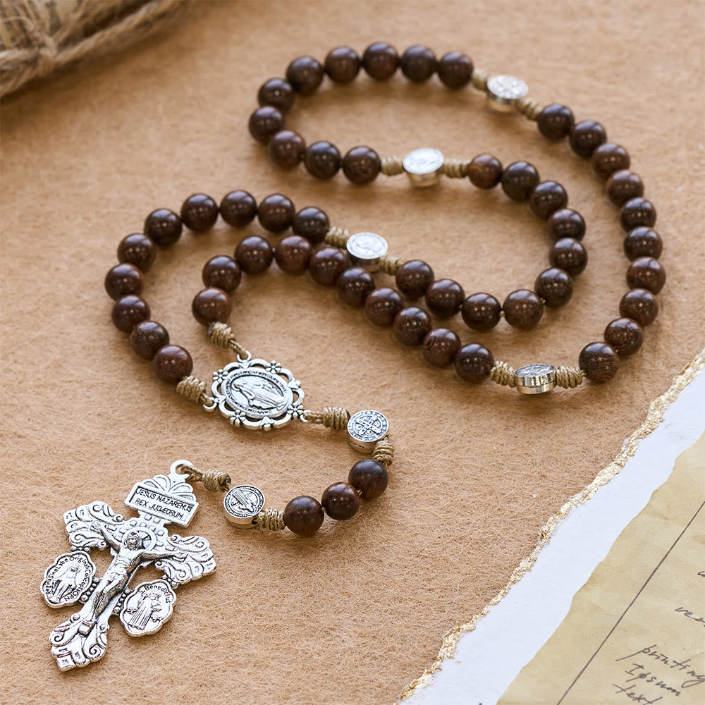 Christianartworkshop Vintage Amboyna Wood Rosary with St. Benedict Guardian - St. Benedict & Crucifix - image 0