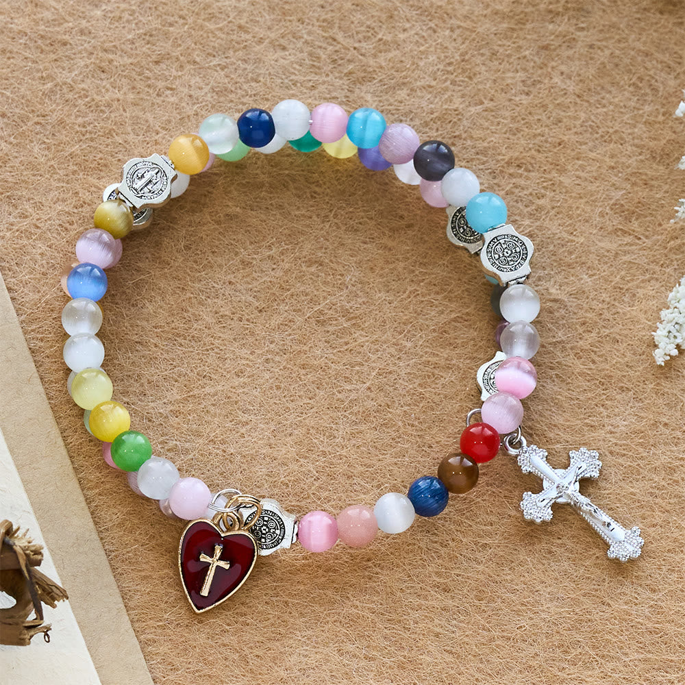Christianartworkshop 6mm Multicolor Cat's Eye Memory Wire Rosary Bracelet with St. Benedict Accents - Wrist Circumference: 7.08"-9.06''/18-23cm - image 0