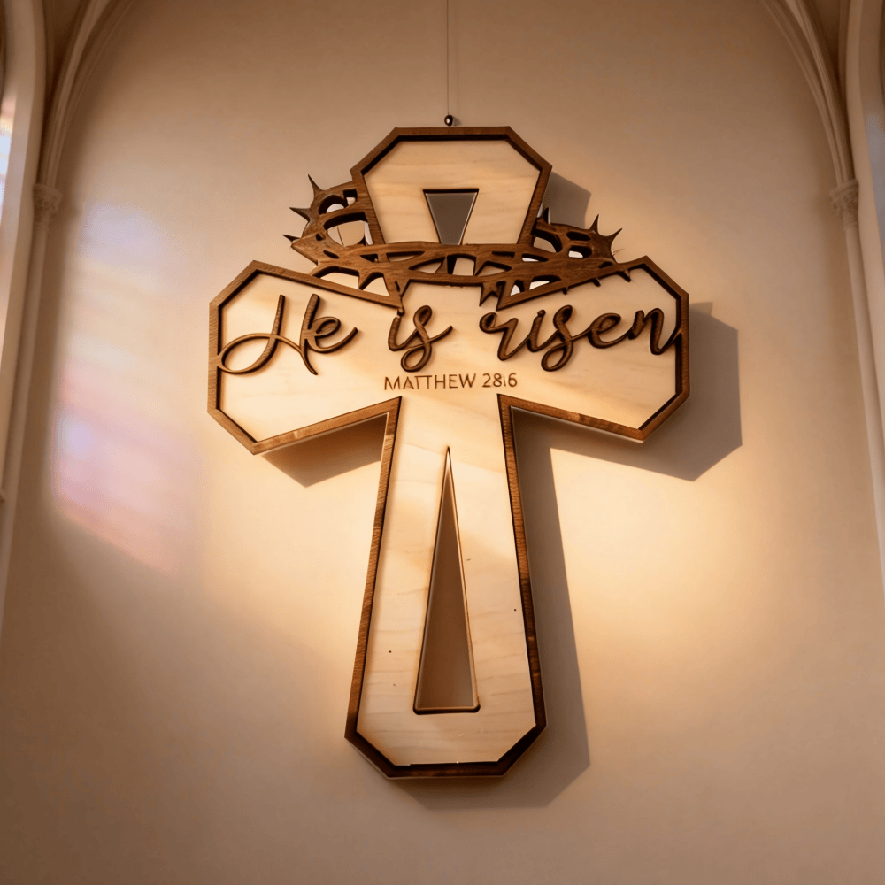 Christianartworkshop Matthew 28:6 Engraved Cross Wall Decor with Crown of Thorns Motif: Celebrate the Resurrection - Cross - image 0