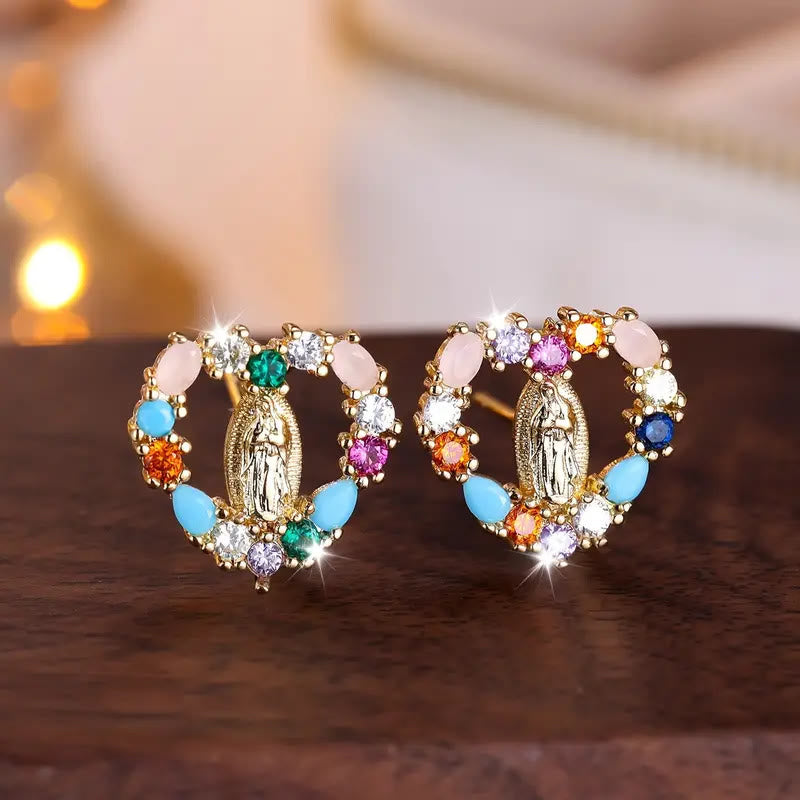 Christianartworkshop Heart-Shaped Our Lady Stud Earrings: Colorful Zircon & Clear Sparkling Styles - Multicolor - image 4