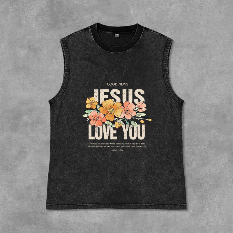 Christianartworkshop Jesus Loves You Floral Unisex Washed Tank Top - Black - 2XL - image 0