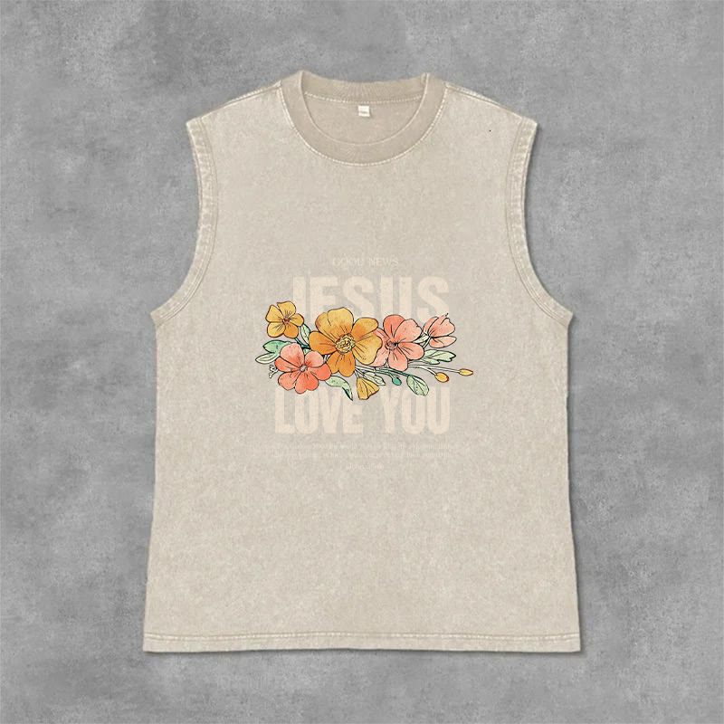 Christianartworkshop Jesus Loves You Floral Unisex Washed Tank Top - Beige - 2XL - image 9