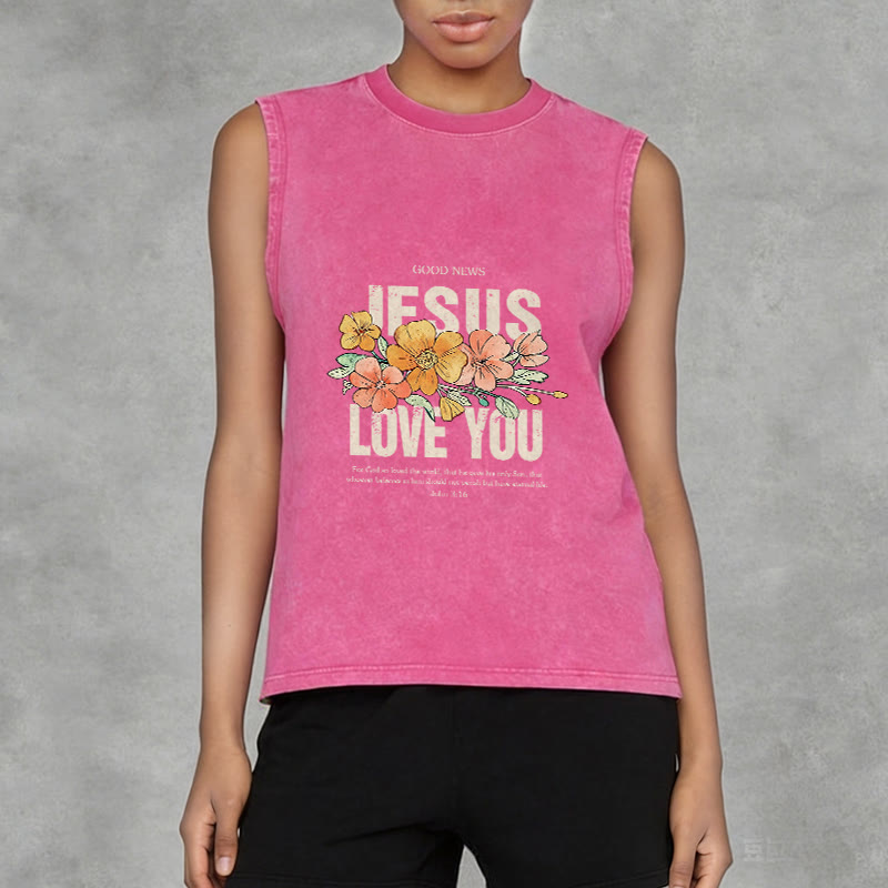 Christianartworkshop Jesus Loves You Floral Unisex Washed Tank Top - image 7