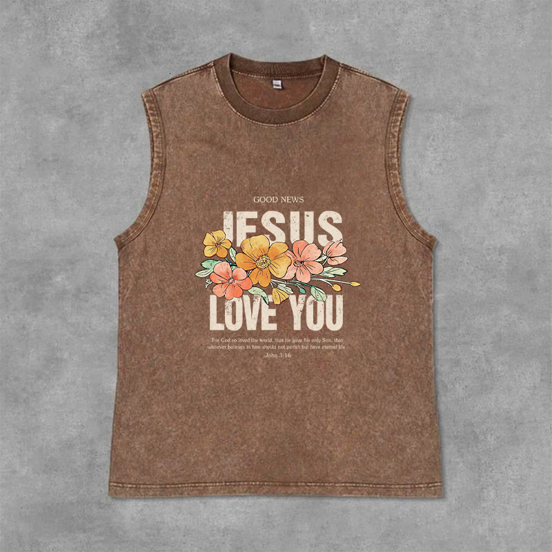 Christianartworkshop Jesus Loves You Floral Unisex Washed Tank Top - Brown - 2XL - image 0