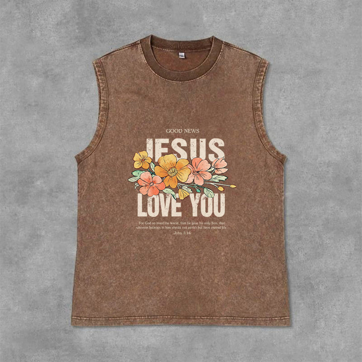 Christianartworkshop Jesus Loves You Floral Unisex Washed Tank Top - Brown - 2XL - image 0