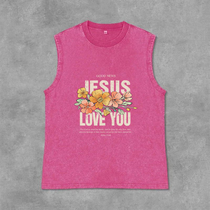 Christianartworkshop Jesus Loves You Floral Unisex Washed Tank Top - Pink - 2XL - image 6
