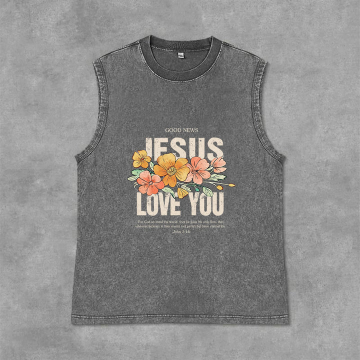Christianartworkshop Jesus Loves You Floral Unisex Washed Tank Top - Grey - 2XL - image 12