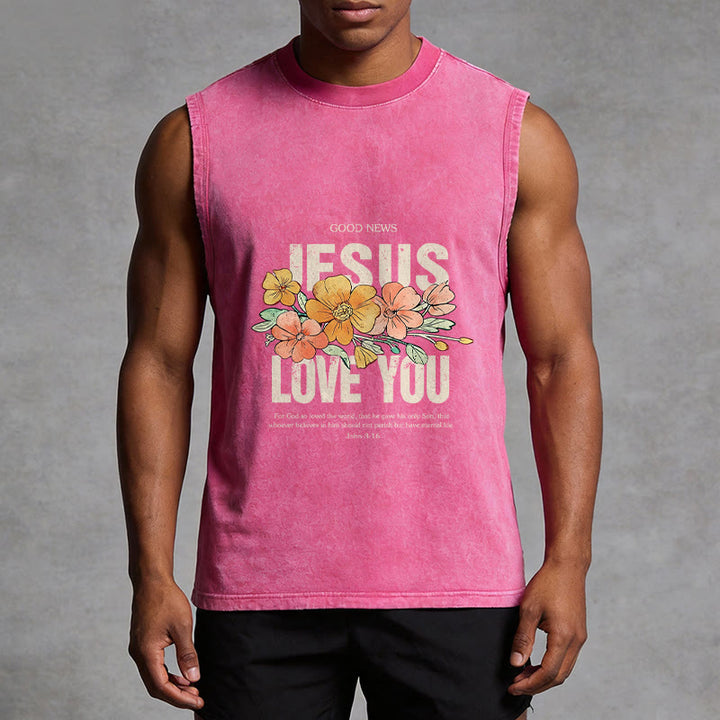 Christianartworkshop Jesus Loves You Floral Unisex Washed Tank Top - image 8