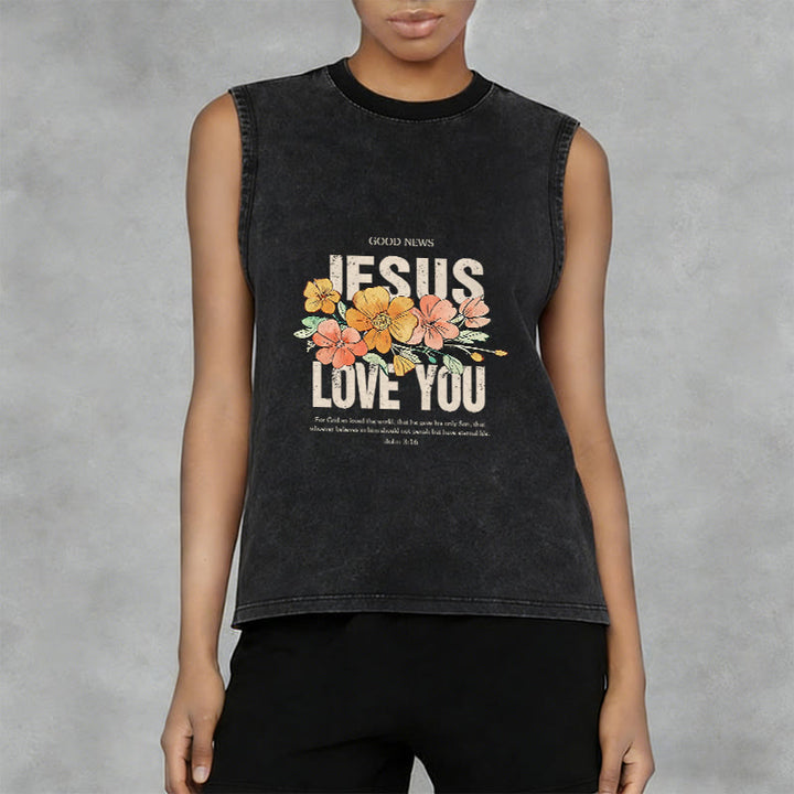 Christianartworkshop Jesus Loves You Floral Unisex Washed Tank Top - image 4