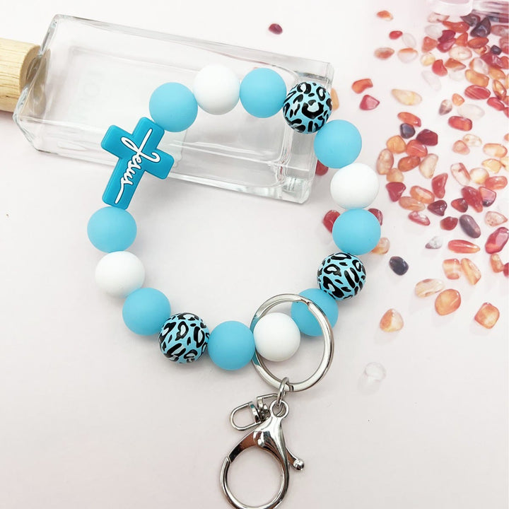 Christianartworkshop Rosary Keychain with Silicone Cross Charm & Leopard-Print Wooden Beads: Portable Devotion on the Go - Blue - image 5