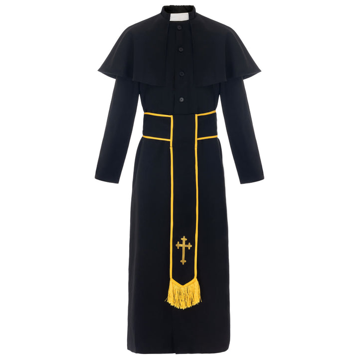 Christianartworkshop Medieval Style Black Cassock Clergy Robe with Cross Tassel Belt and Shawl Collar - image 2