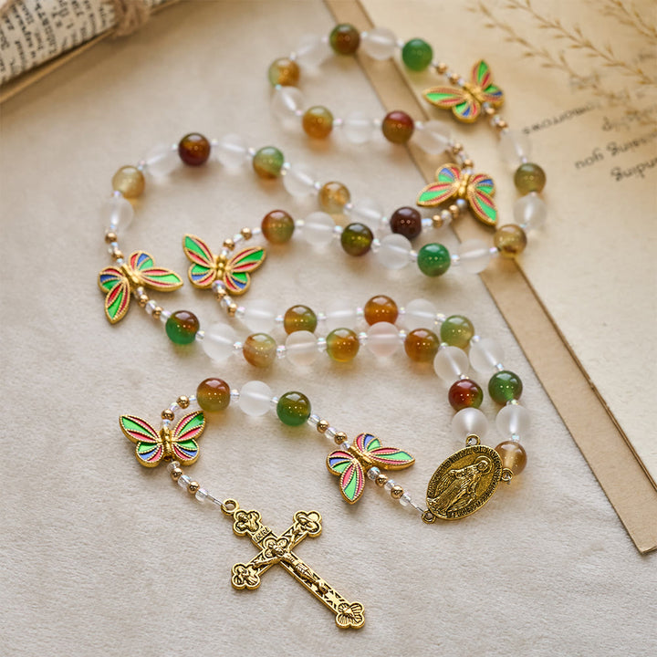 Christianartworkshop Natural Malachite with Enamel Butterfly Rosary: Butterfly of Faith - Our Lady & Crucifx - image 0