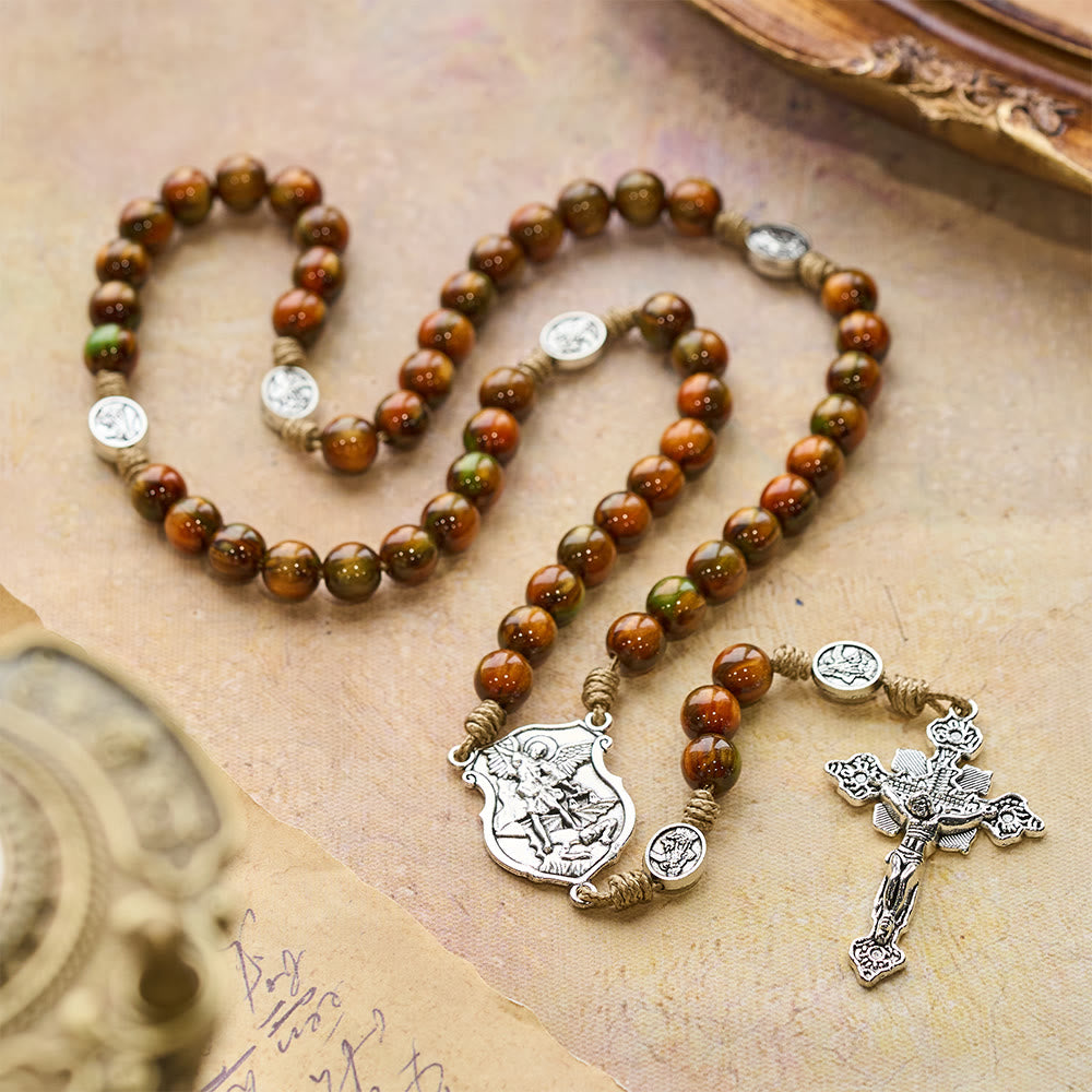 Christianartworkshop Vintage Shimmer Brown Beads Rosary with St. Michael Guardian - St. Micheal & Crucifix - image 0
