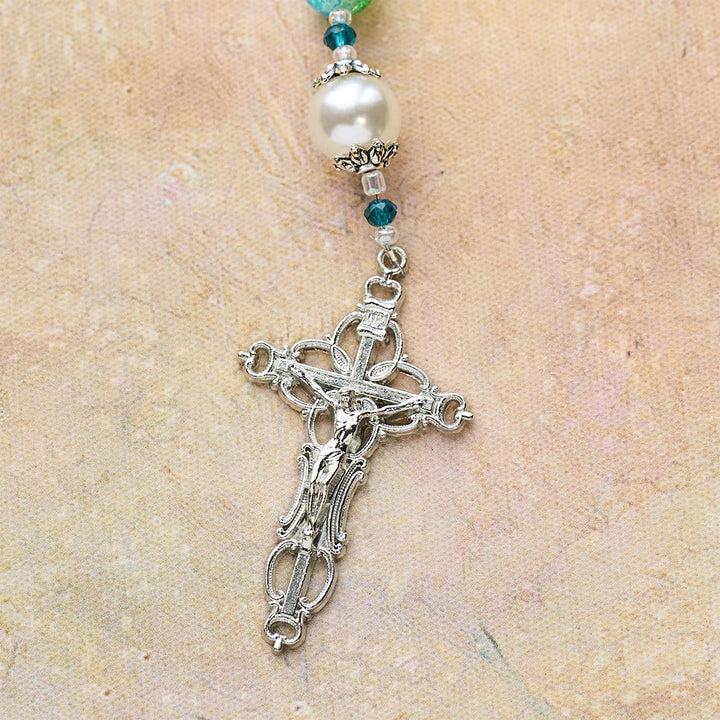Christianartworkshop Blue Green Gradient Glass Rosary with Praying Hands & Crucifix - image 8