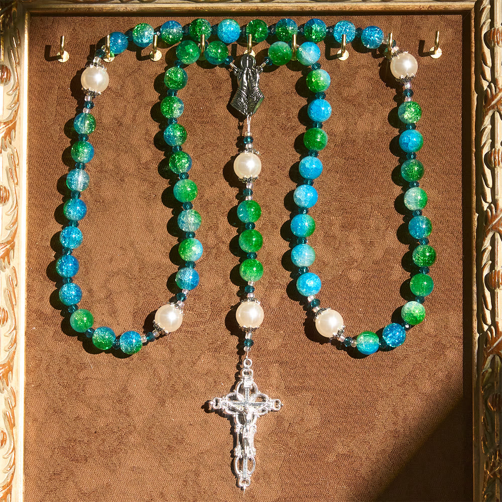 Christianartworkshop Blue Green Gradient Glass Rosary with Praying Hands & Crucifix - image 6