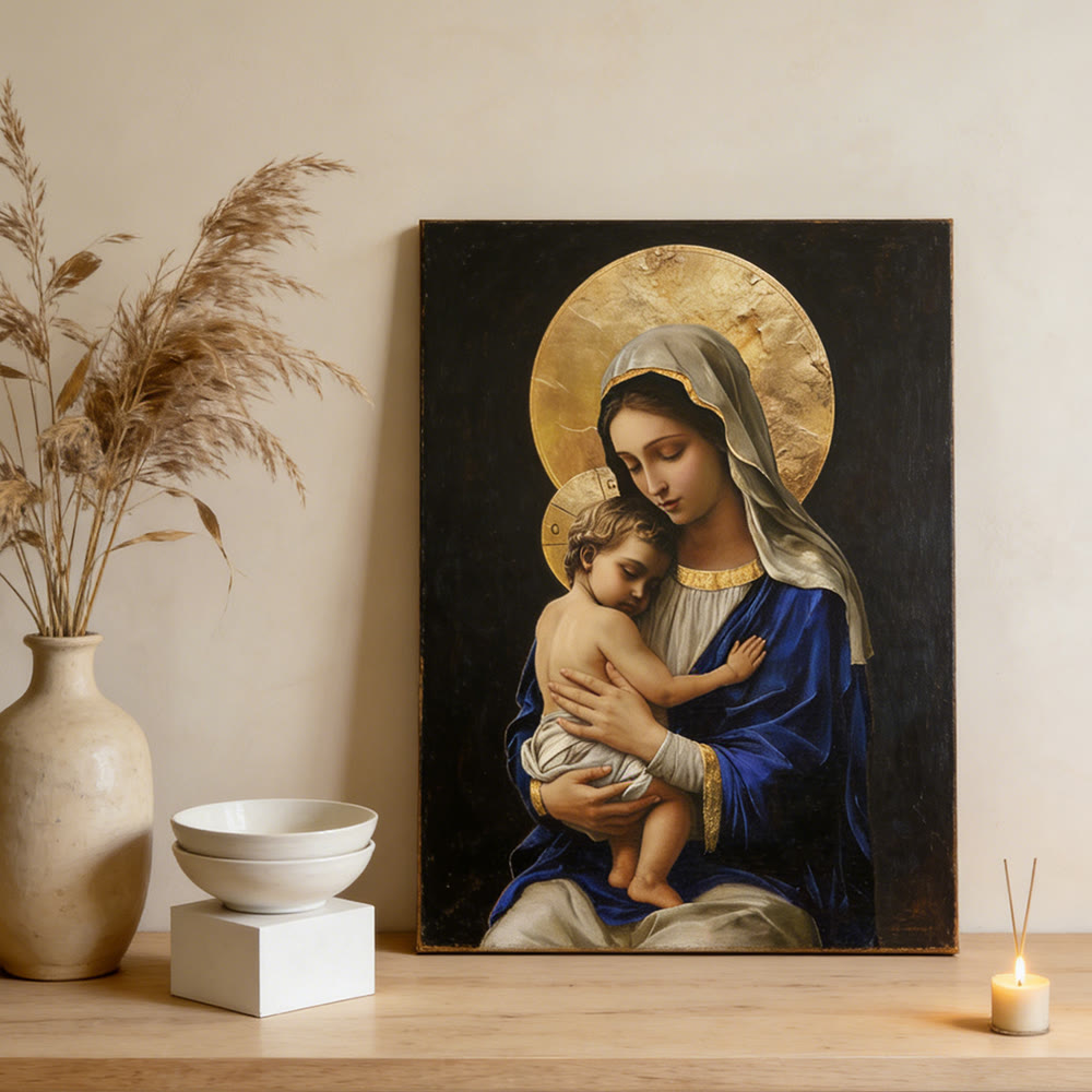 Christianartworkshop Royal Blue Robe Madonna and Child Canvas Print: Embody the Pure Devotion of Mary - Framed Canvas Painting - 13.77"*19.58"*0.59"/35*50*1.5cm - image 0