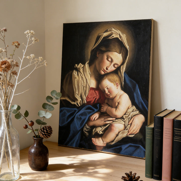 Christianartworkshop Gilded Halo Sleeping Jesus Wall Art Print: Ground Your Faith in the Holy Family’s Intimacy - Framed Canvas Painting - 13.77"*19.58"*0.59"/35*50*1.5cm - image 0