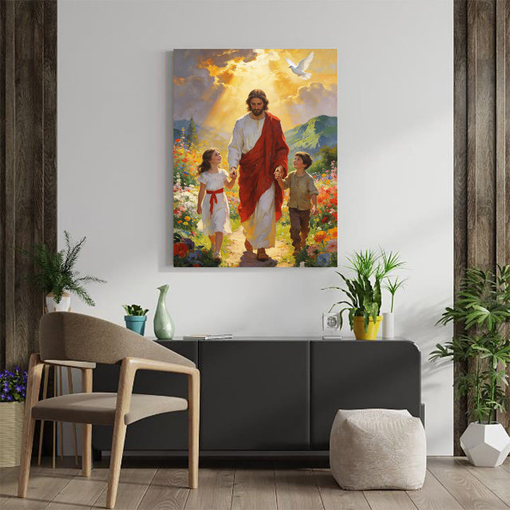 Christianartworkshop Golden Light Jesus Walks with Children Christian Wall Art Print: Embody the Joy of Childlike Faith - image 2