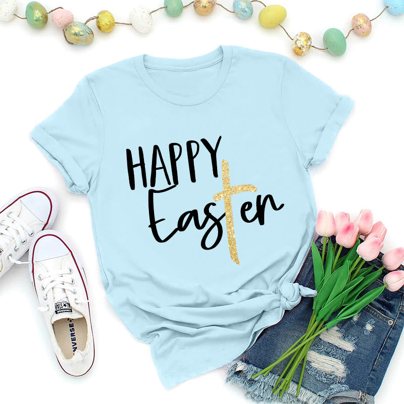 Christianartworkshop Happy Easter Glitter Cross Script Premium T-Shirt - Blue - 2XL - image 0