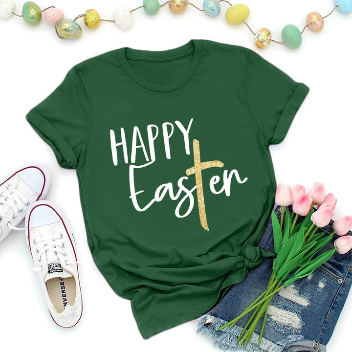 Christianartworkshop Happy Easter Glitter Cross Script Premium T-Shirt - Dark Green - 2XL - image 6
