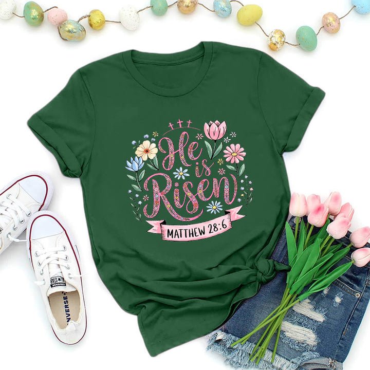 Christianartworkshop Vibrant Floral Wreath He Is Risen T-Shirt - Dark Green - 2XL - image 4