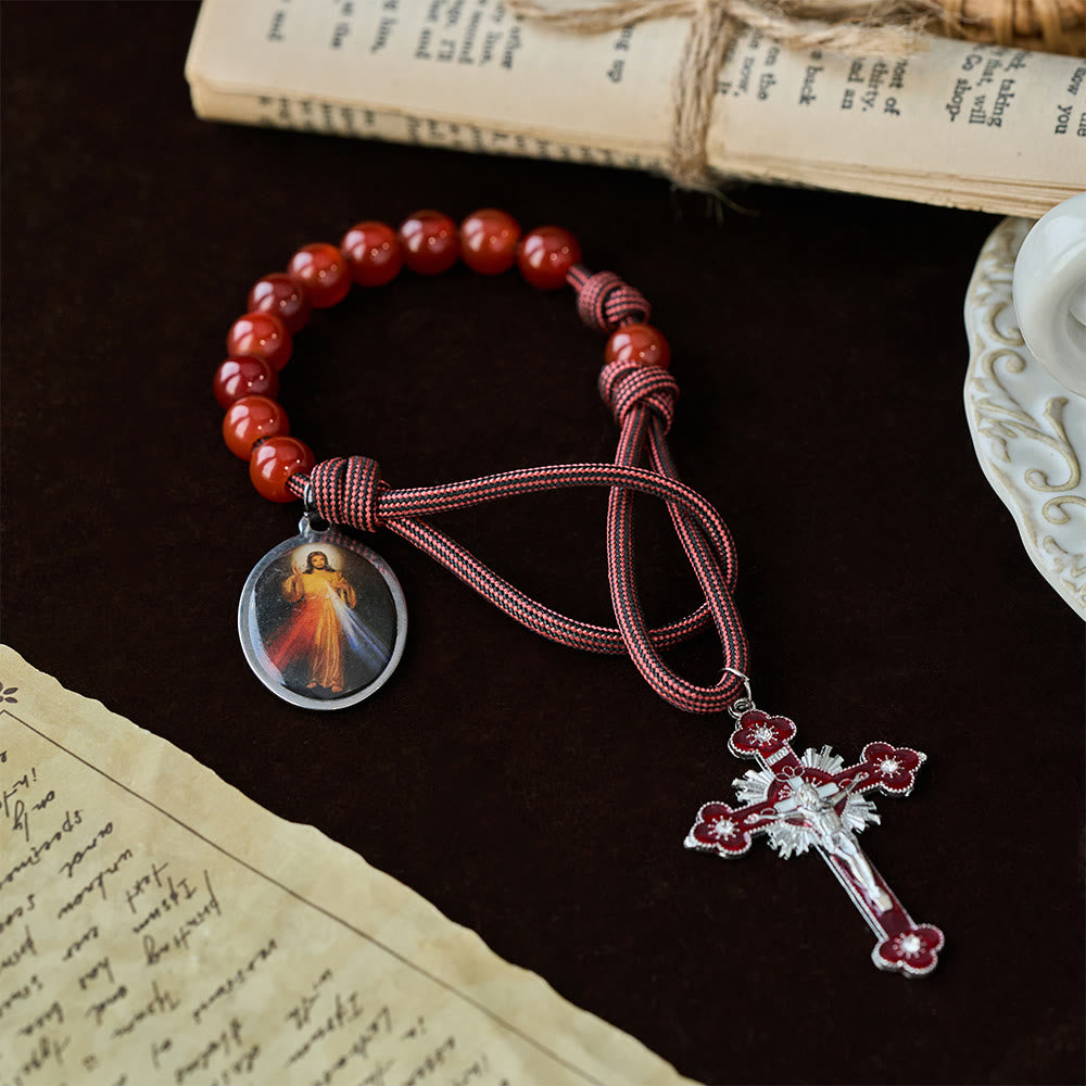 Christianartworkshop Divine Mercy Guardian Pocket Rosary with Natural Red Agate Beads - image 1