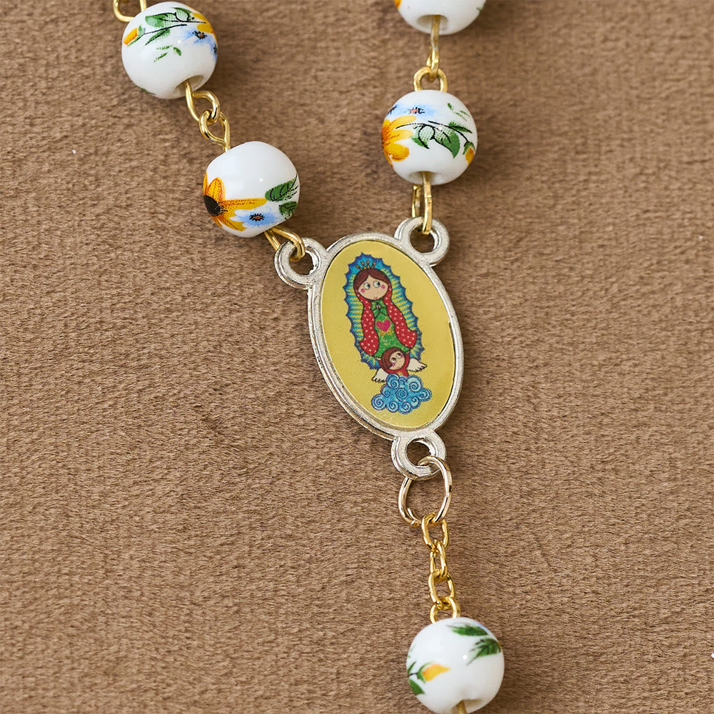 Christianartworkshop Yellow Daisy Easter Rosary with Ceramic Beads & Our Lady Charm - image 4
