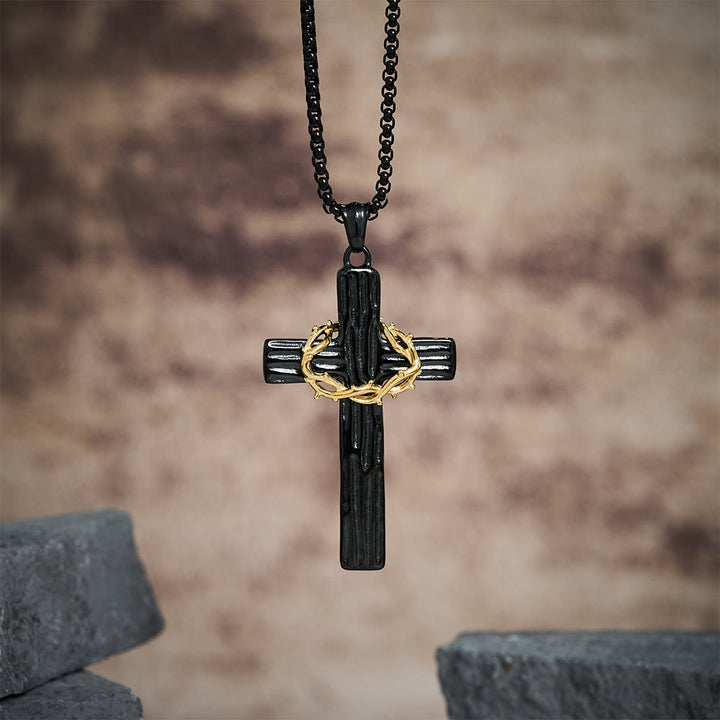 Christianartworkshop Modern Style Jesus Crown Of Thorns Cross Sacred Protection Pendant Necklace - Black&Gold - image 7