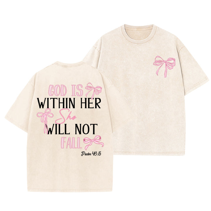 Christianartworkshop God Is Within Her Psalm 46:5 Bow Accent Unisex Washed T-shirt - Beige - 5XL - image 16