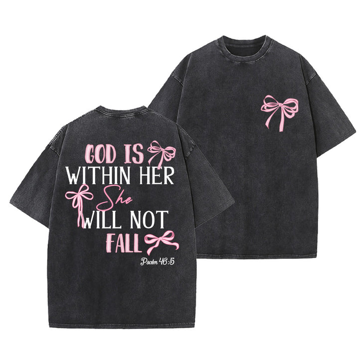 Christianartworkshop God Is Within Her Psalm 46:5 Bow Accent Unisex Washed T-shirt - Black - 5XL - image 0