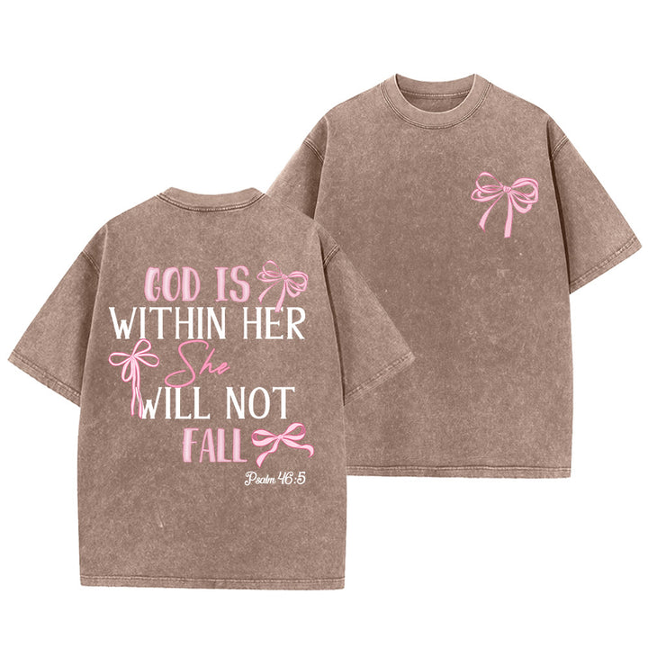 Christianartworkshop God Is Within Her Psalm 46:5 Bow Accent Unisex Washed T-shirt - Brown - 5XL - image 13