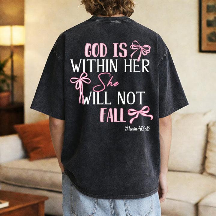 Christianartworkshop God Is Within Her Psalm 46:5 Bow Accent Unisex Washed T-shirt - image 4
