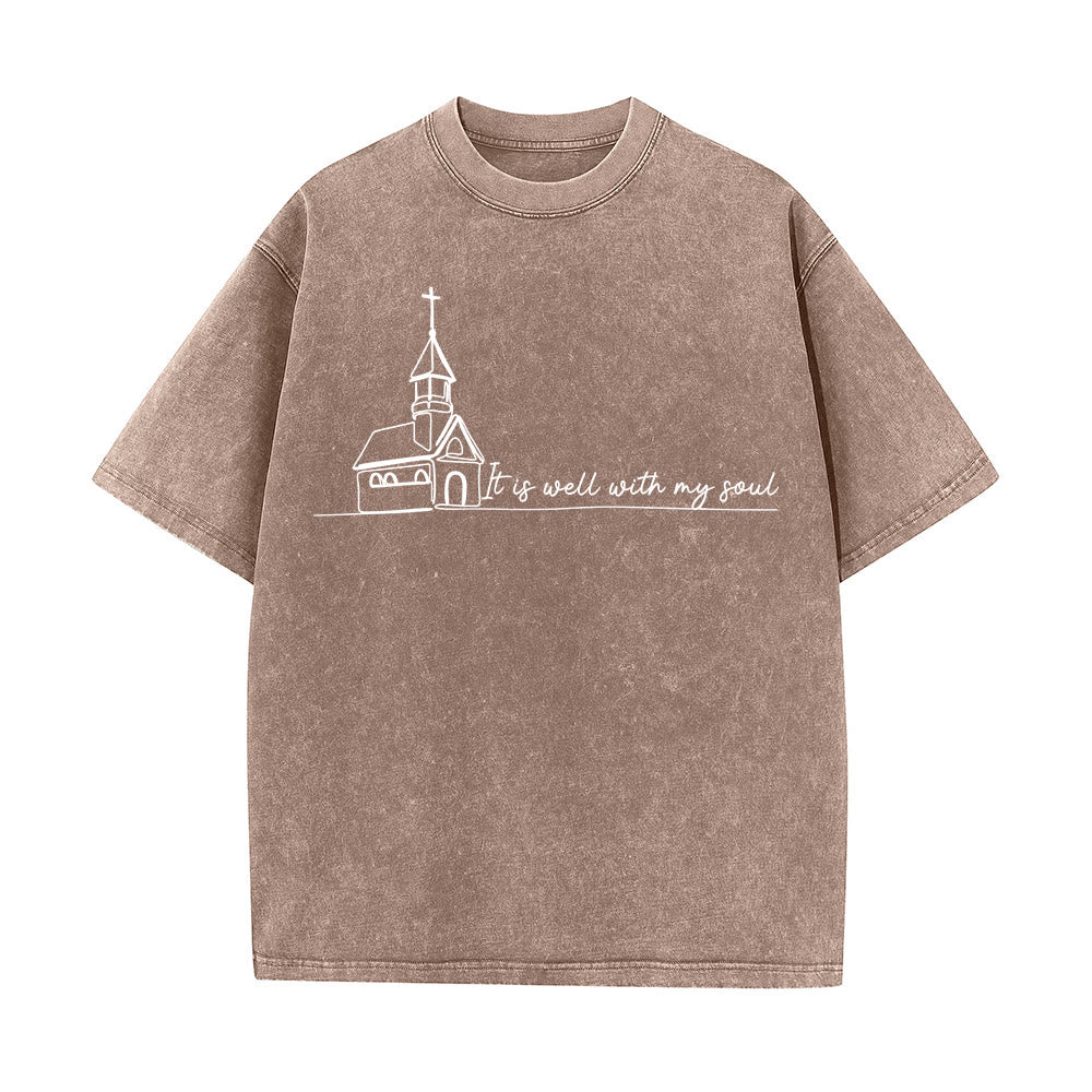Christianartworkshop It Is Well With My Soul Church Sketch Line Art Unisex Washed T-shirt - Brown - 5XL - image 8