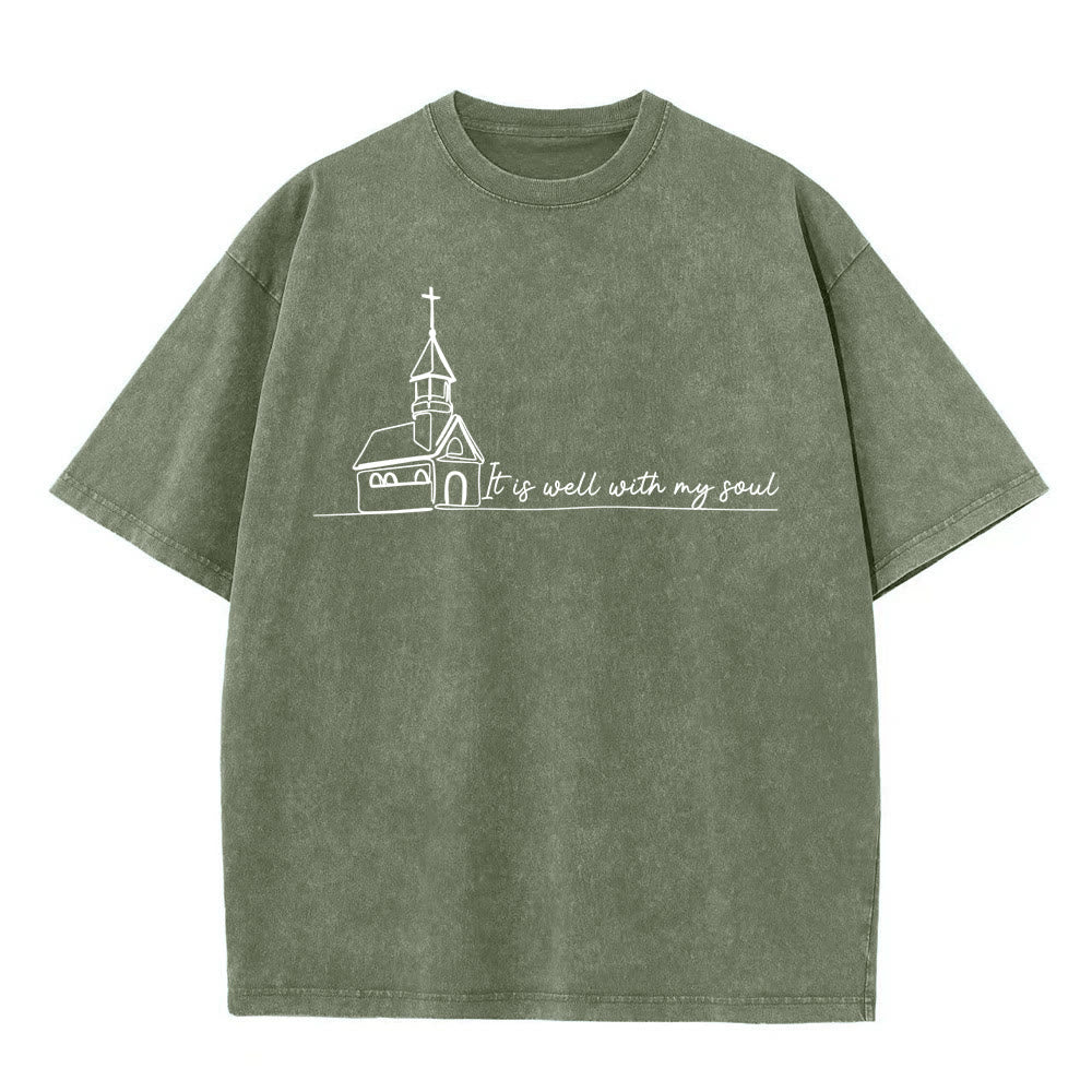 Christianartworkshop It Is Well With My Soul Church Sketch Line Art Unisex Washed T-shirt - Army Green - 5XL - image 6