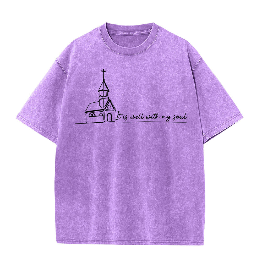 Christianartworkshop It Is Well With My Soul Church Sketch Line Art Unisex Washed T-shirt - Purple - 5XL - image 11