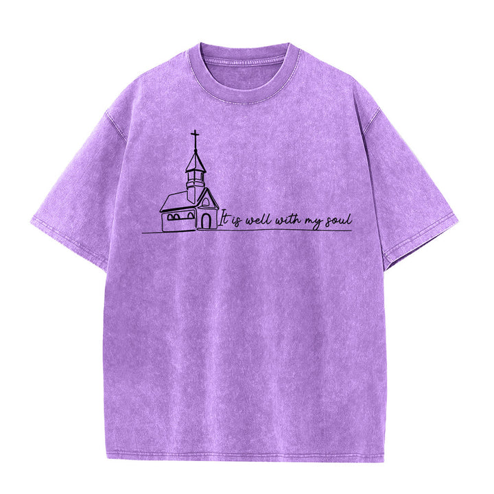Christianartworkshop It Is Well With My Soul Church Sketch Line Art Unisex Washed T-shirt - Purple - 5XL - image 11